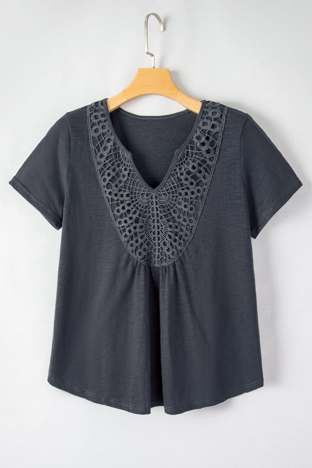 Gray Lace Crochet Patchwork V Neck Tee for Women