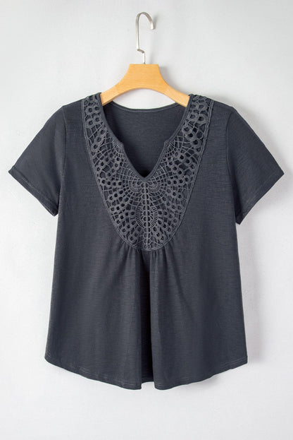 Gray Lace Crochet Patchwork V Neck Tee for Women