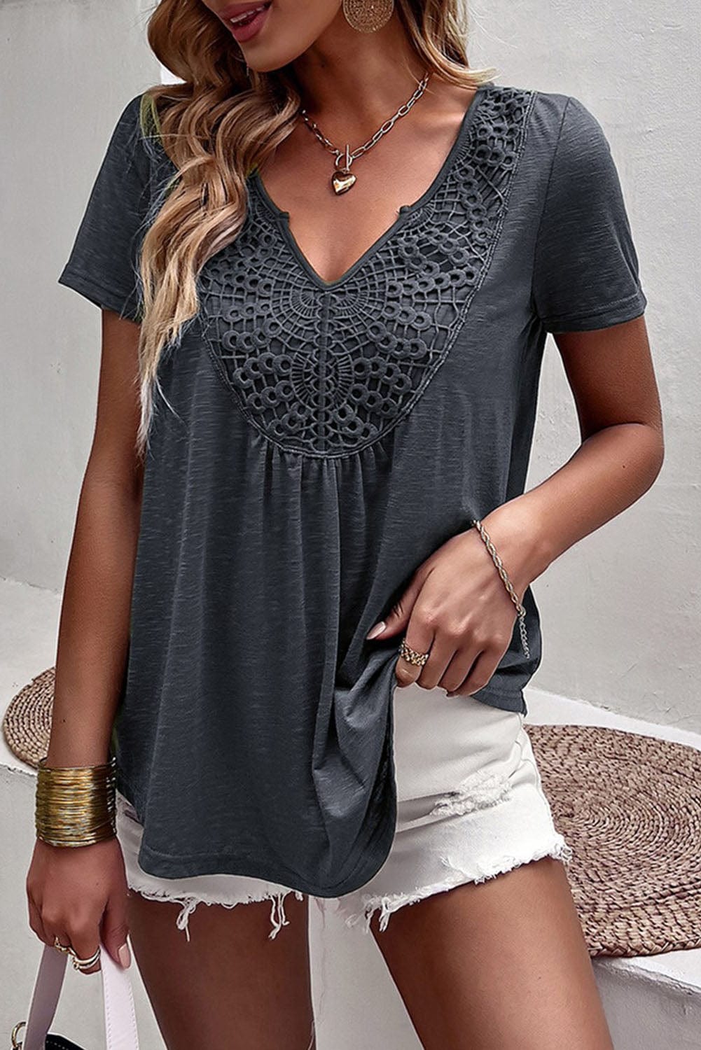 Gray Lace Crochet Patchwork V Neck Tee for Women