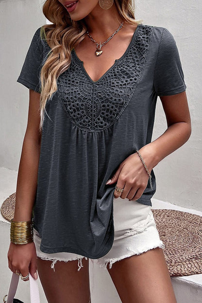Gray Lace Crochet Patchwork V Neck Tee for Women