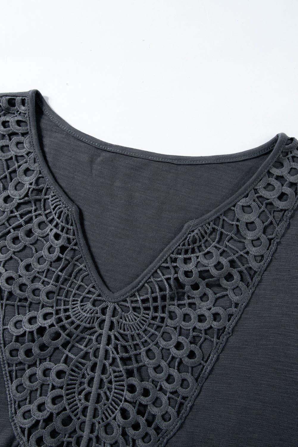 Gray Lace Crochet Patchwork V Neck Tee for Women
