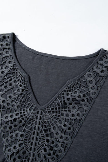 Gray Lace Crochet Patchwork V Neck Tee for Women