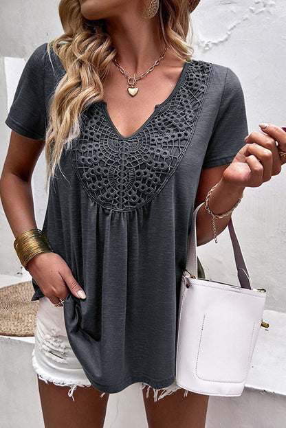 Gray Lace Crochet Patchwork V Neck Tee for Women