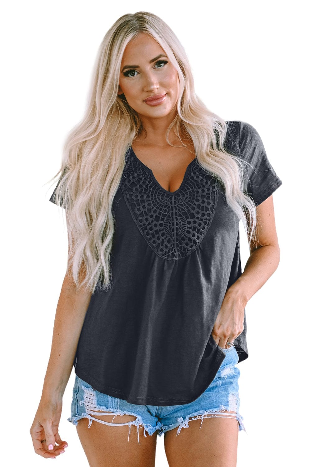 Gray Lace Crochet Patchwork V Neck Tee for Women