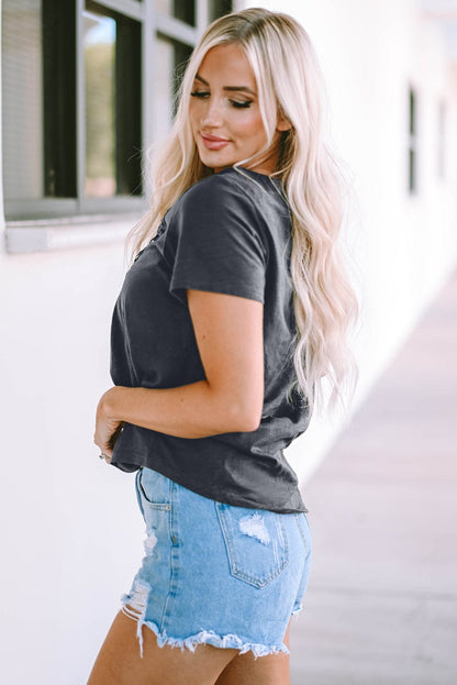 Gray Lace Crochet Patchwork V Neck Tee for Women