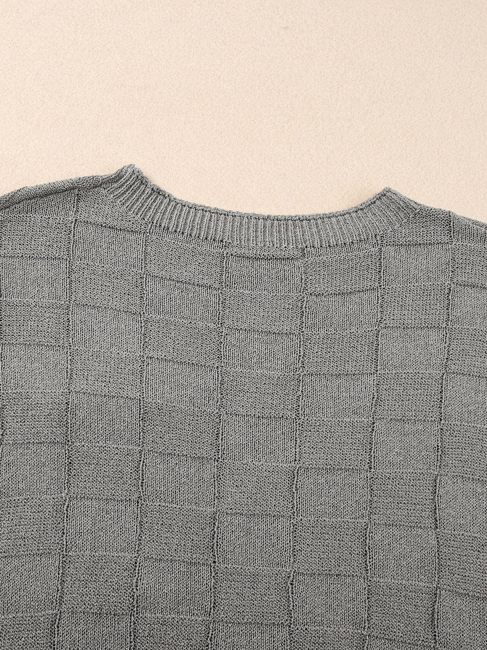 Gray Lattice Textured Short Sleeve Sweater with Pocket