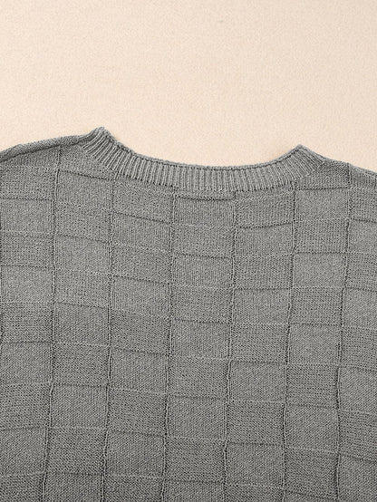 Gray Lattice Textured Short Sleeve Sweater with Pocket