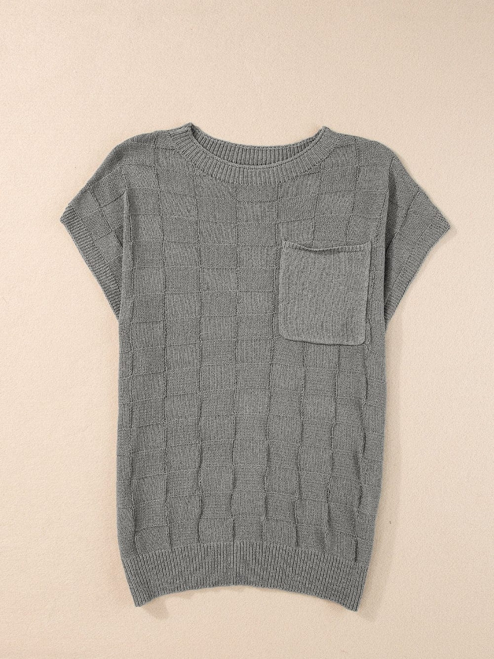 Gray Lattice Textured Short Sleeve Sweater with Pocket