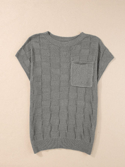 Gray Lattice Textured Short Sleeve Sweater with Pocket