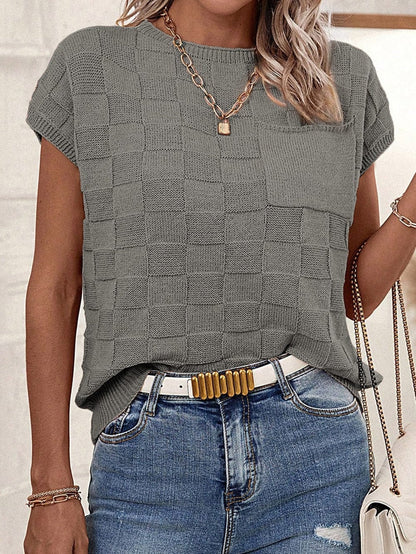 Gray Lattice Textured Short Sleeve Sweater with Pocket
