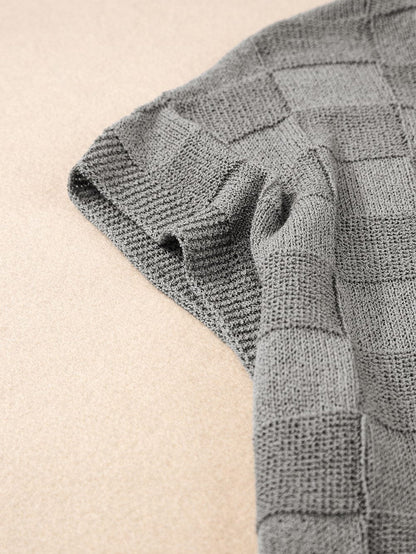 Gray Lattice Textured Short Sleeve Sweater with Pocket