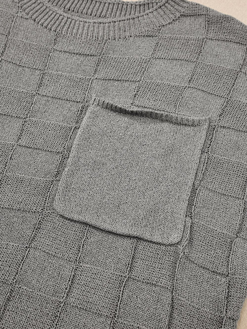 Gray Lattice Textured Short Sleeve Sweater with Pocket