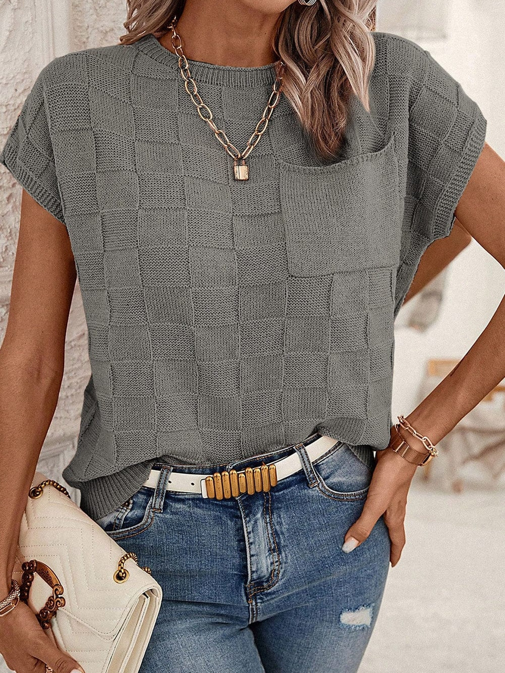 Gray Lattice Textured Short Sleeve Sweater with Pocket