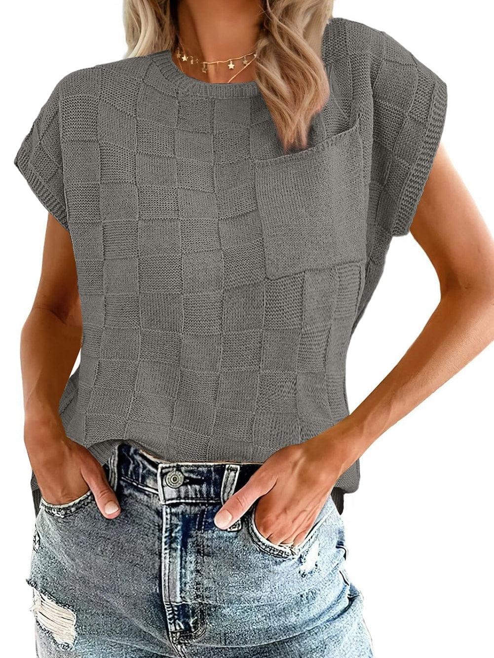 Gray Lattice Textured Short Sleeve Sweater with Pocket