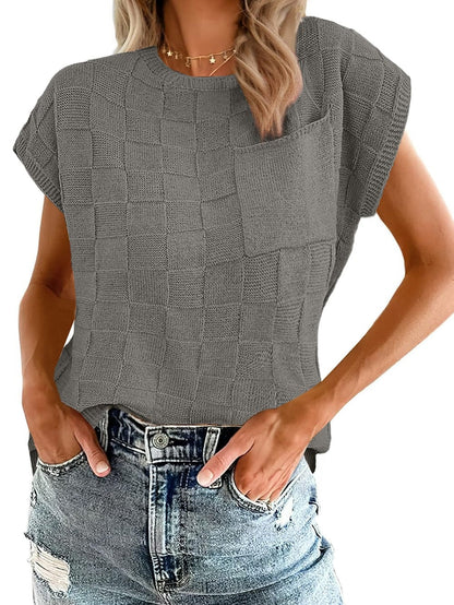 Gray Lattice Textured Short Sleeve Sweater with Pocket