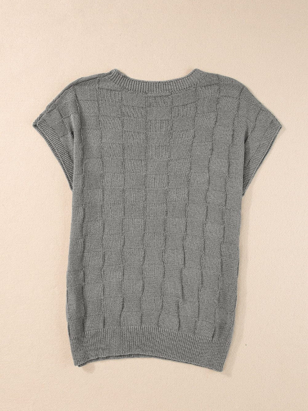 Gray Lattice Textured Short Sleeve Sweater with Pocket