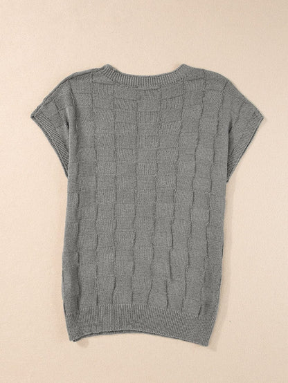 Gray Lattice Textured Short Sleeve Sweater with Pocket