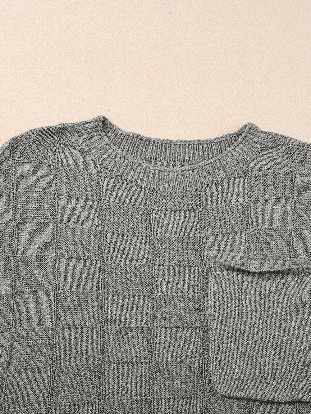 Gray Lattice Textured Short Sleeve Sweater with Pocket