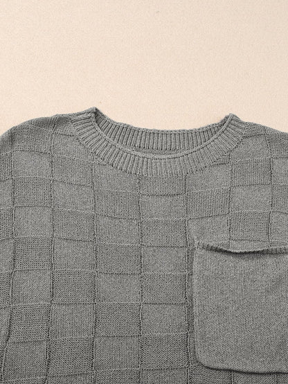 Gray Lattice Textured Short Sleeve Sweater with Pocket