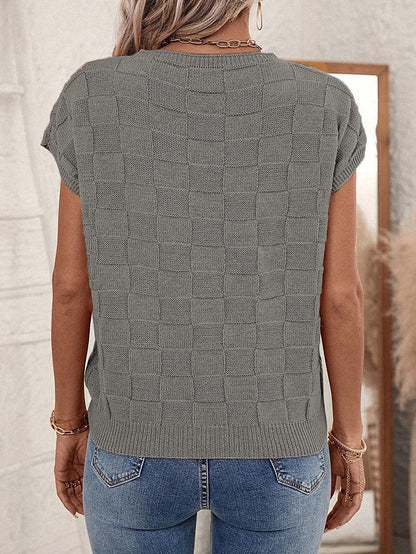 Gray Lattice Textured Short Sleeve Sweater with Pocket