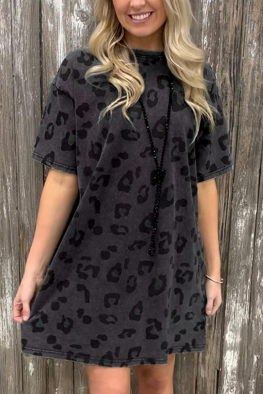 Gray Leopard Print T-Shirt Dress with Handy Pockets