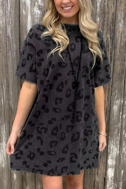 Gray Leopard Print T-Shirt Dress with Handy Pockets