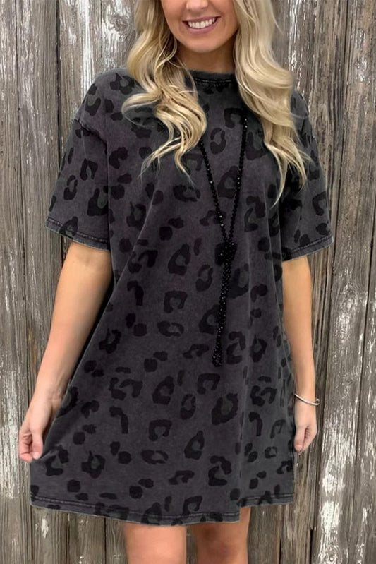 Gray Leopard Print T-Shirt Dress with Handy Pockets