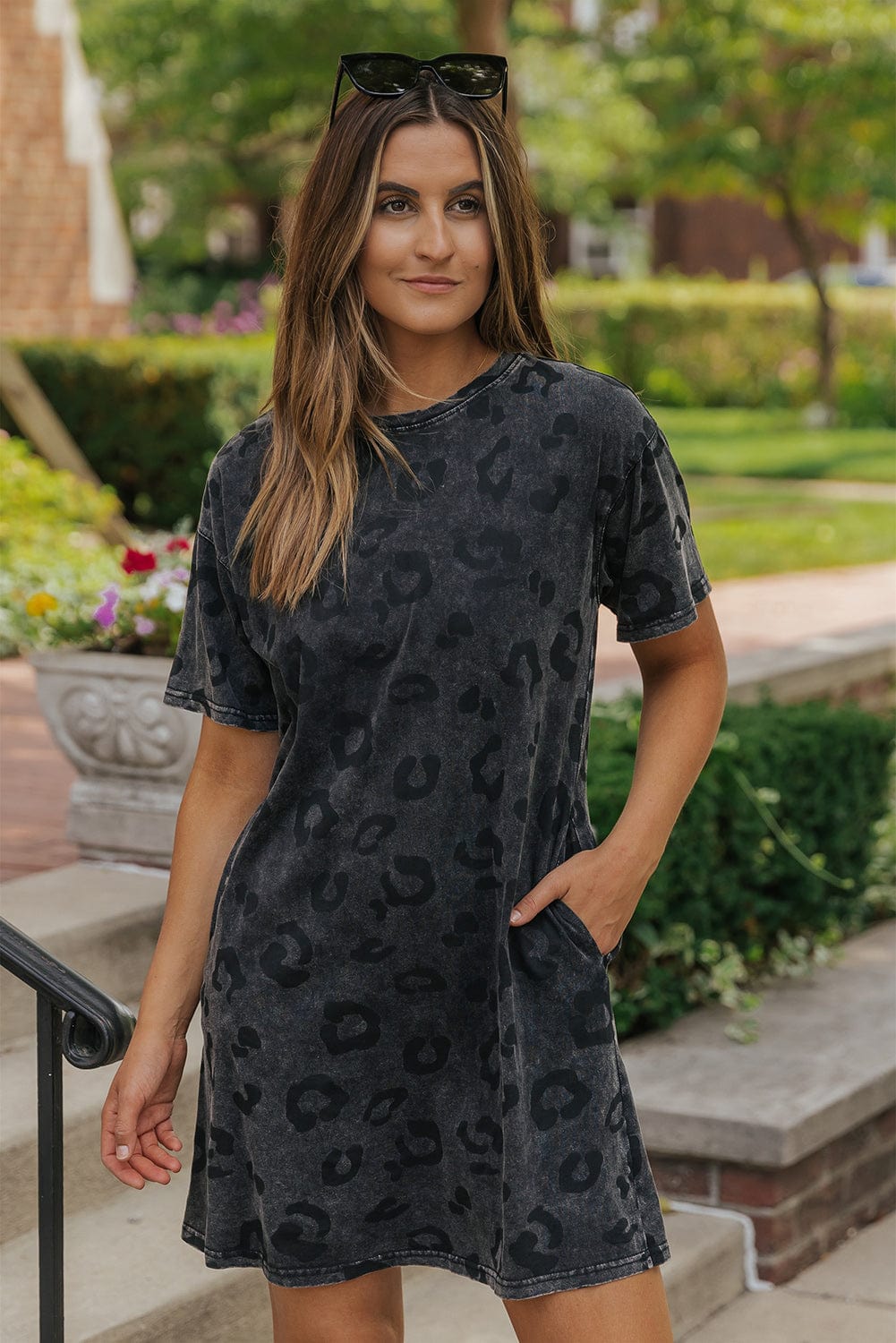 Gray Leopard Print T-Shirt Dress with Handy Pockets