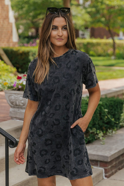 Gray Leopard Print T-Shirt Dress with Handy Pockets