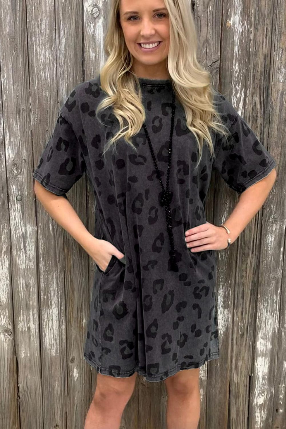 Gray Leopard Print T-Shirt Dress with Handy Pockets