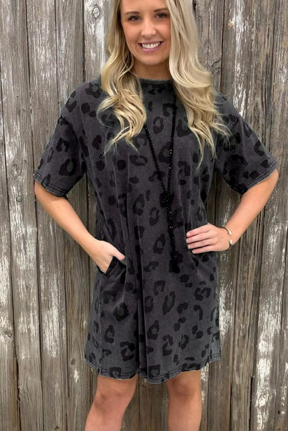 Gray Leopard Print T-Shirt Dress with Handy Pockets