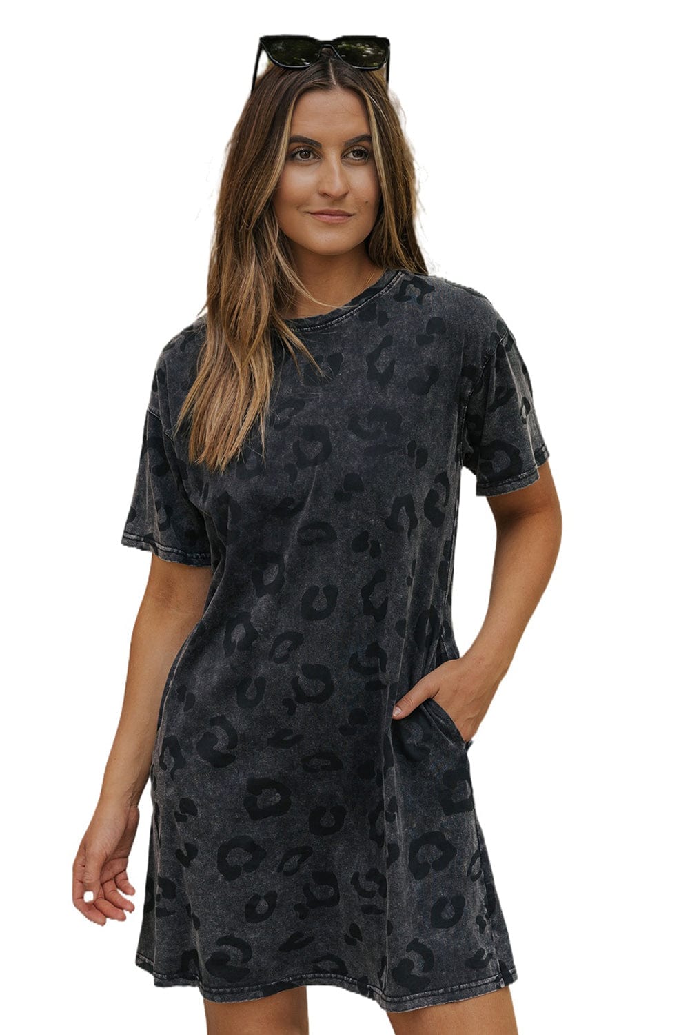 Gray Leopard Print T-Shirt Dress with Handy Pockets
