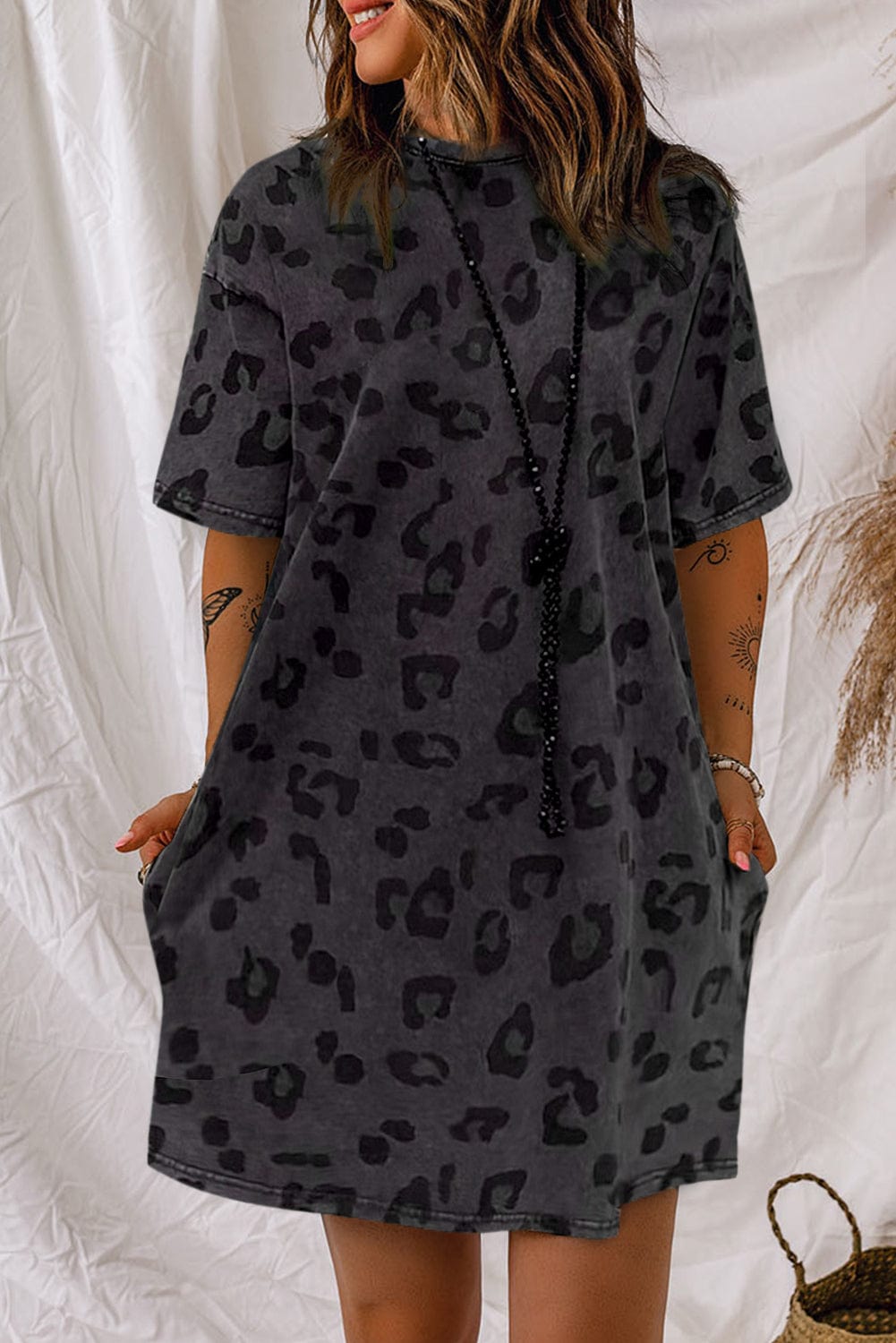Gray Leopard Print T-Shirt Dress with Handy Pockets