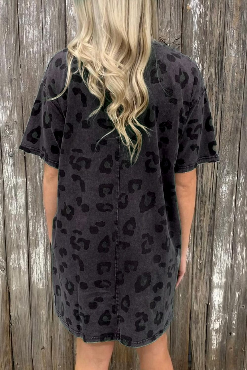 Gray Leopard Print T-Shirt Dress with Handy Pockets