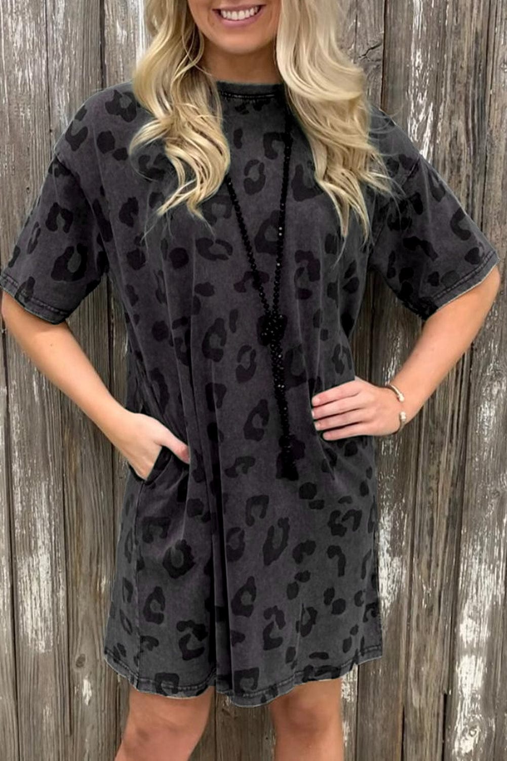 Gray Leopard Print T-Shirt Dress with Handy Pockets