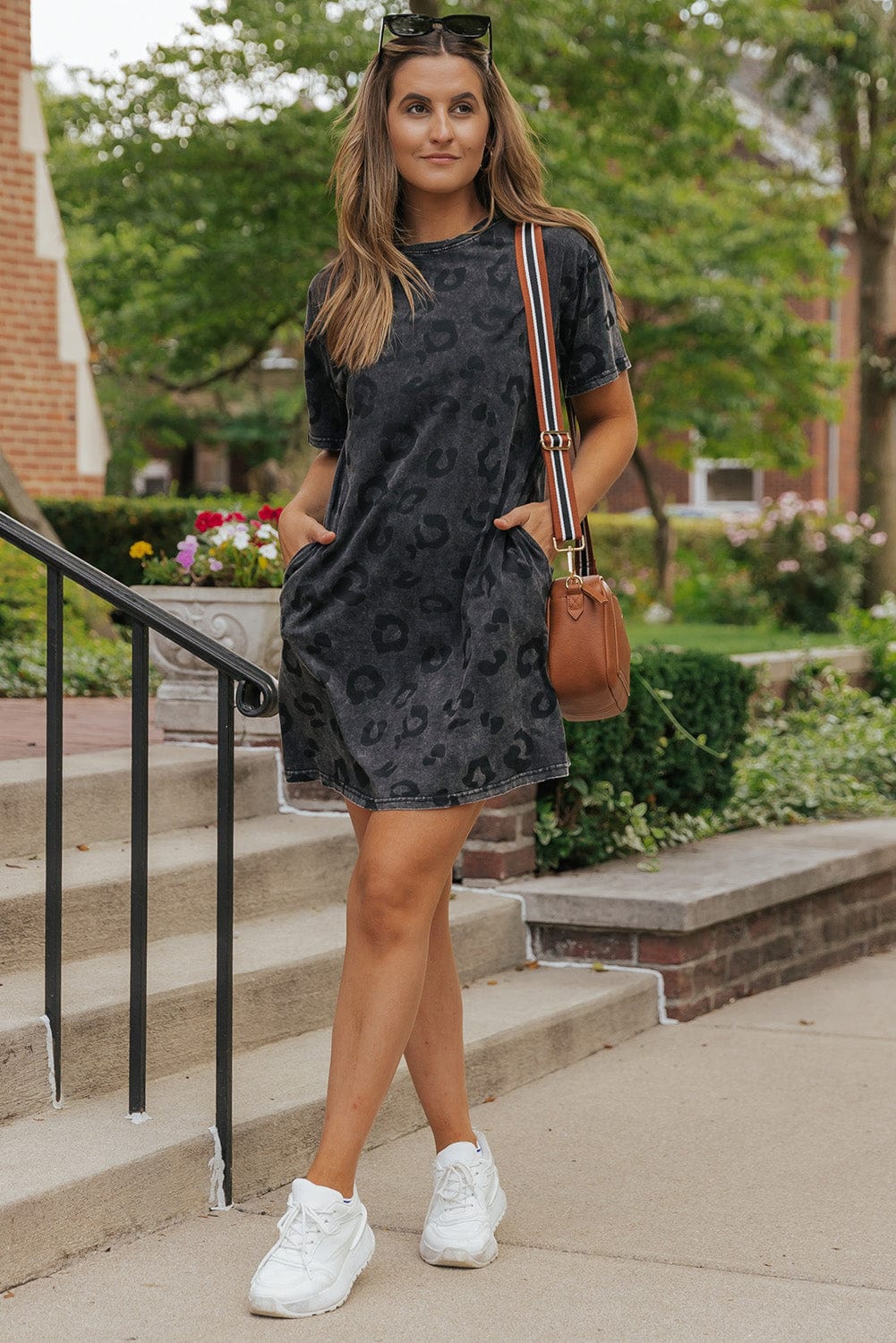 Gray Leopard Print T-Shirt Dress with Handy Pockets