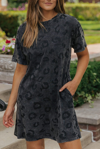 Gray Leopard Print T-Shirt Dress with Handy Pockets