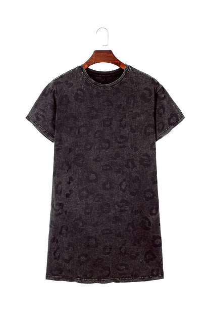 Gray Leopard Print T-Shirt Dress with Handy Pockets