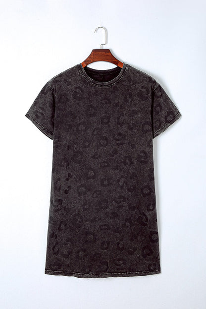 Gray Leopard Print T-Shirt Dress with Handy Pockets