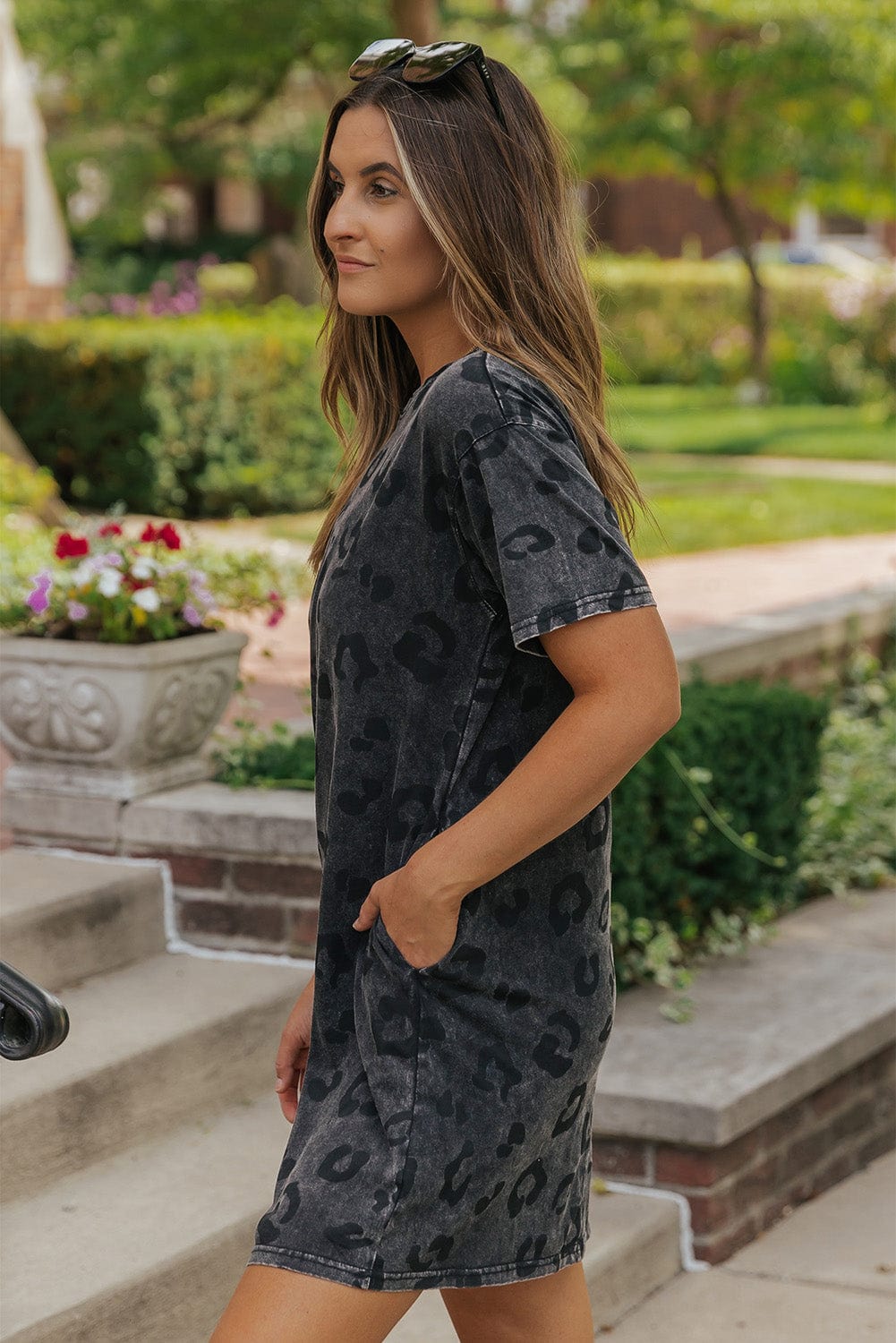 Gray Leopard Print T-Shirt Dress with Handy Pockets