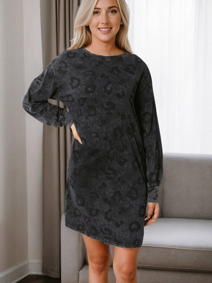 Gray Leopard Puff Sleeve Tunic Mini Dress with Pockets
