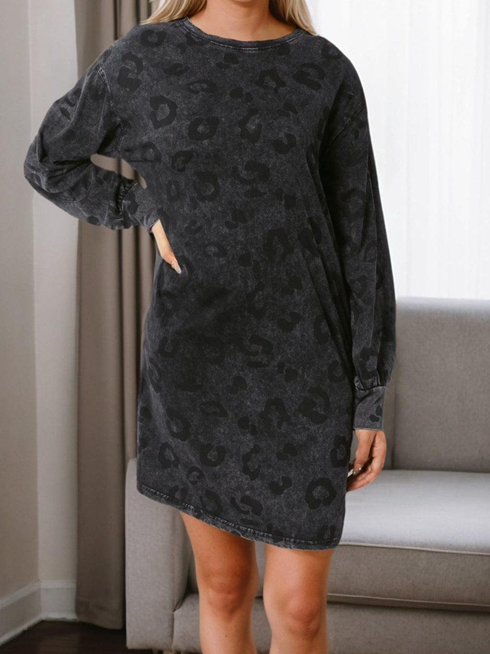 Gray Leopard Puff Sleeve Tunic Mini Dress with Pockets