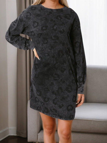 Gray Leopard Puff Sleeve Tunic Mini Dress with Pockets
