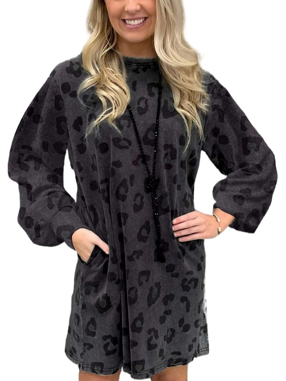 Gray Leopard Puff Sleeve Tunic Mini Dress with Pockets