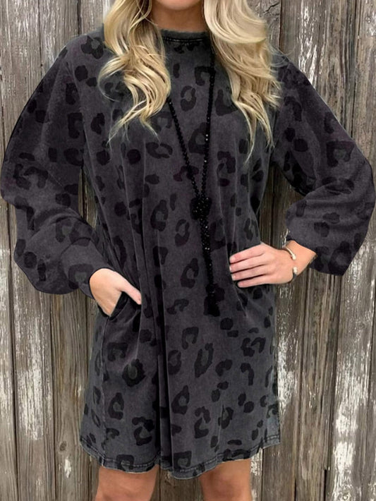 Gray Leopard Puff Sleeve Tunic Mini Dress with Pockets
