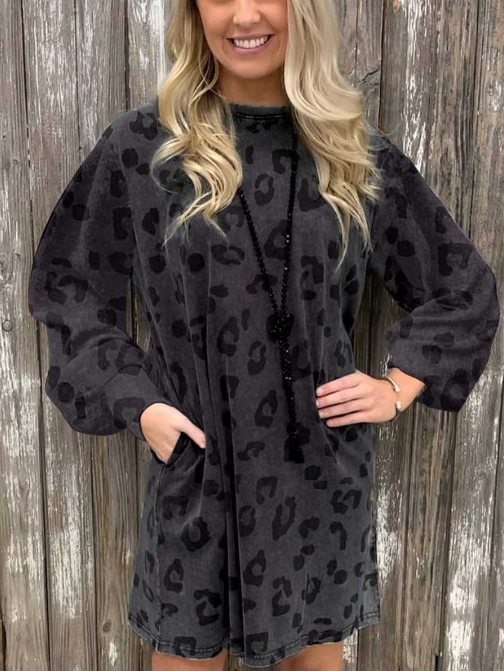Gray Leopard Puff Sleeve Tunic Mini Dress with Pockets