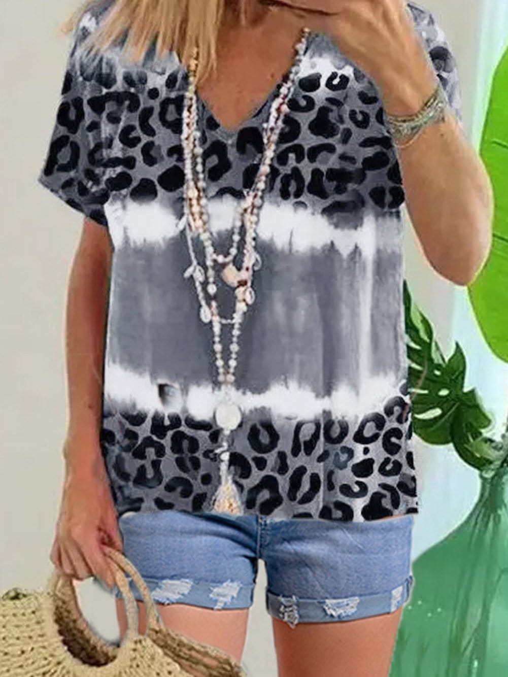 Gray Leopard Tie Dye V-Neck Casual Top