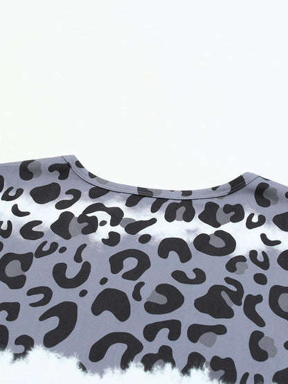 Gray Leopard Tie Dye V-Neck Casual Top