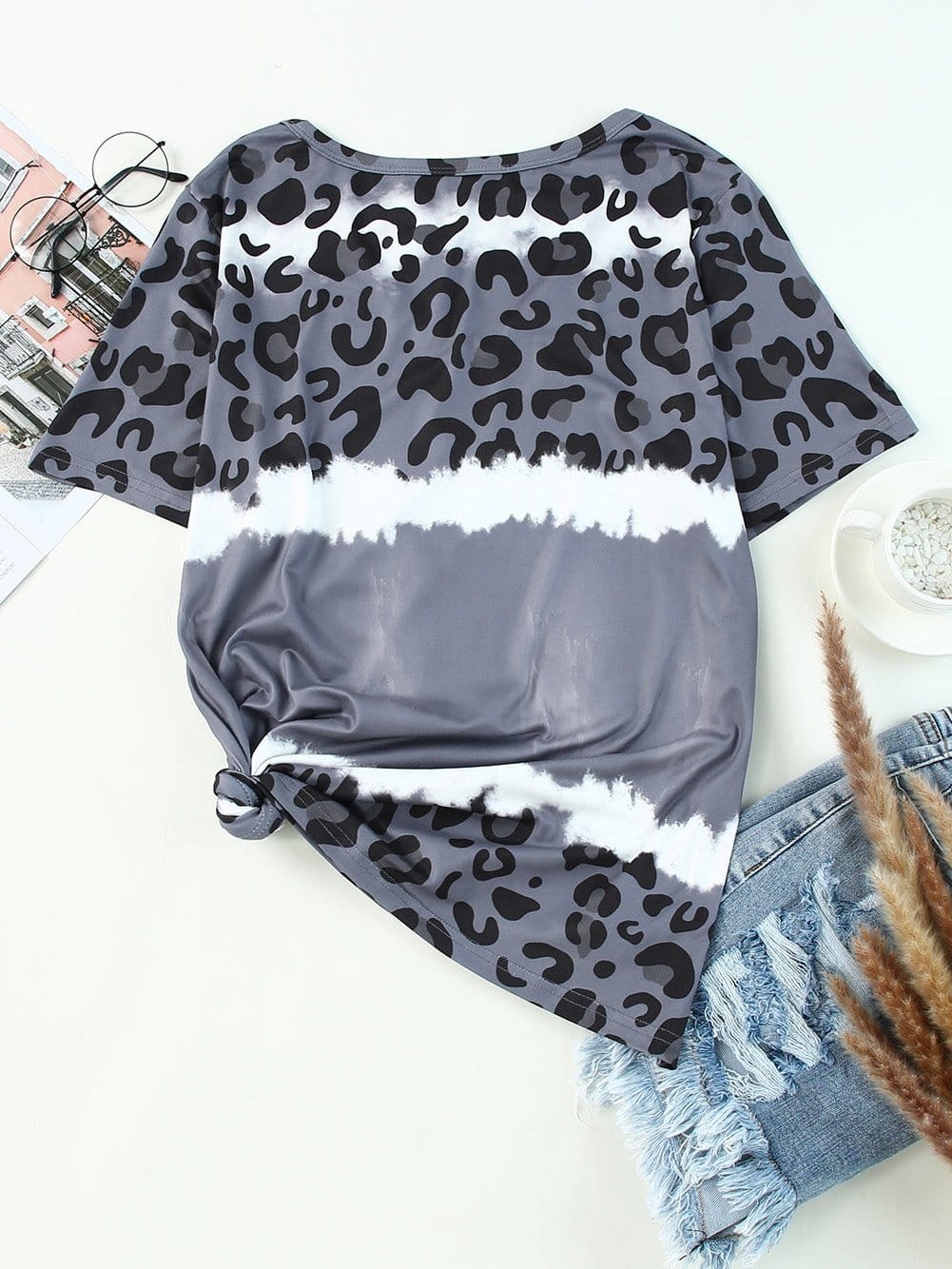 Gray Leopard Tie Dye V-Neck Casual Top