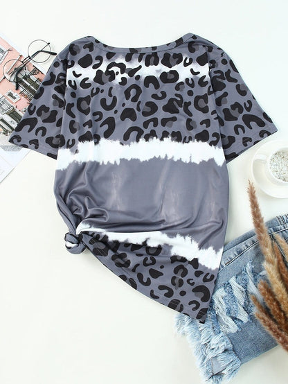Gray Leopard Tie Dye V-Neck Casual Top